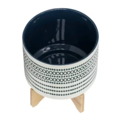 Sagebrook Home 10" Wide Patterned Ceramic Planter Pot With Wood Stand Blue -Garden Furniture Discounts GUEST 02923780 04e8 4ad9 a777 9eb7bfbaf7fa