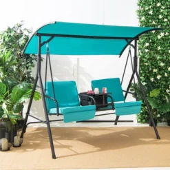 Costway 2-Person Canopy Porch Swing Padded Chair Cooler Bag Rotatable Tray TurquoiseBeigeBlack -Garden Furniture Discounts GUEST 097e4a15 182d 4023 9c9c ed5fcb169ebd