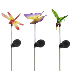 3pc Butterfly, Hummingbird, And Dragonfly Solar Fiber LED Pathway Garden Stakes - Alpine Corporation