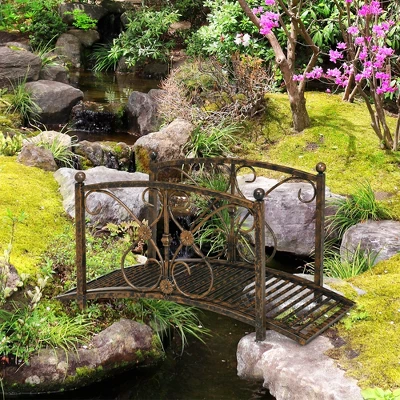 Outsunny 3.4FT Metal Arch Zen Garden Bridge With Safety Siderails, Decorative Footbridge, Delicate Floral Scrollwork For Stream, Fish Pond, Brown 4 Outsunny 3.4FT Metal Arch Zen Garden Bridge With Safety Siderails, Decorative Footbridge, Delicate Floral Scrollwork For Stream, Fish Pond, Brown - Image 2