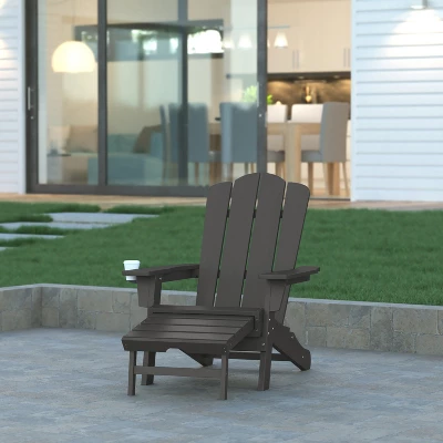 Emma And Oliver Adirondack Chair With Cup Holder And Pull Out Ottoman, All-Weather HDPE Indoor/Outdoor Lounge Chair 3 Emma And Oliver Adirondack Chair With Cup Holder And Pull Out Ottoman, All-Weather HDPE Indoor/Outdoor Lounge Chair