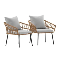 Emma And Oliver Indoor/Outdoor Bohemian Natural Rattan Rope Patio Chairs With Open Weave Design And Removable Plush Cushions -Garden Furniture Discounts GUEST 173fa9a5 1031 4bad bf7f c5ae26e21342