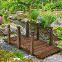 Costway 5 Ft Wooden Garden Bridge Arc Footbridge Stained Finish Walkway W/Rails -Garden Furniture Discounts GUEST 1c13fdb1 ad9b 4e7e b1ab ccfd86616146