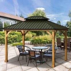 Aoodor Patio Solid Wooden Gazebo 10 X 12.36 Ft. Hardtop Roof 2 - Tier For Garden -Garden Furniture Discounts GUEST 1ddb59a4 1f82 4473 96cd 9a066995fe46