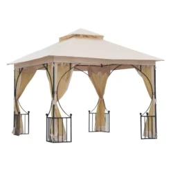 Outsunny 10' X 10' Patio Gazebo Canopy Outdoor Pavilion With Mesh Netting SideWalls, 2-Tier Polyester Roof, & Steel Frame Beige -Garden Furniture Discounts GUEST 20b8e471 312f 493a 887e ab830f59a60c