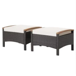 Costway Set Of 2 Patio Rattan Ottoman Footrest Cushions Wooden Handle Off WhiteBrownRedNavy