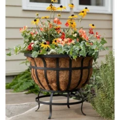 Plow & Hearth - Footed Steel Round Basket Planter With Natural Coir Liner