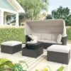 4pc Outdoor Wicker Rectangle Daybed With Canopy & Cushions - Beige - GODEER