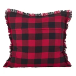 20" Fringed Buffalo Plaid Pillow Down Filled Red - SARO Lifestyle
