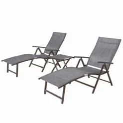 3pc Outdoor Set With Aluminum Adjustable Chaise Lounge & Table Set - Black/Gray - Crestlive Products