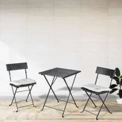 3pc Wicker Folding Outdoor Bistro Set With Cushions - Black/Beige - GODEER -Garden Furniture Discounts GUEST 3874b838 95e5 4467 8697 eac9eb80f53d