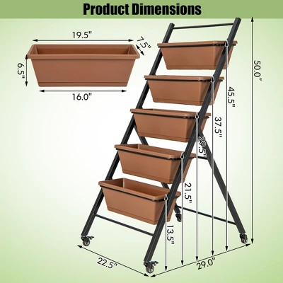 Costway 5-Tier Vertical Raised Garden Bed Elevated Planter With Wheels & Container Boxes Brown 4 Costway 5-Tier Vertical Raised Garden Bed Elevated Planter With Wheels & Container Boxes Brown - Image 2
