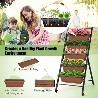 Costway 5-Tier Vertical Raised Garden Bed Elevated Planter With Wheels & Container Boxes Brown 8 Costway 5-Tier Vertical Raised Garden Bed Elevated Planter With Wheels & Container Boxes Brown - Image 6