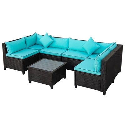 7pc Wicker Outdoor Sectional Seating Set With Cushions - Dark Brown/Blue - GODEER 4 7pc Wicker Outdoor Sectional Seating Set With Cushions - Dark Brown/Blue - GODEER - Image 2