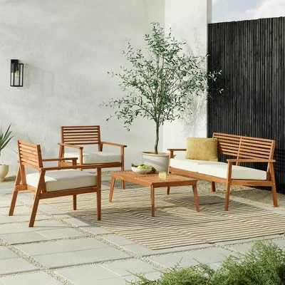 Saracina Home 4pc Mid-Century Modern Slatted Acacia Outdoor Patio Conversation Furniture Set 3 Saracina Home 4pc Mid-Century Modern Slatted Acacia Outdoor Patio Conversation Furniture Set