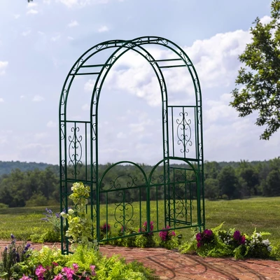 Evergreen Montebello Iron Garden Arbor With Gate, Forest Green- 53 X 84 X 23 Inches Fade And Weather Resistant Outdoor Decor 4 Evergreen Montebello Iron Garden Arbor With Gate, Forest Green- 53 X 84 X 23 Inches Fade And Weather Resistant Outdoor Decor - Image 2