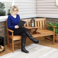 Sunnydaze Decor Sunnydaze Outdoor Meranti Wood With Teak Oil Finish 2-Person Bench Seat With Pop-Up Table - 60" - Brown -Garden Furniture Discounts GUEST 4e6a00cb 2dfb 44d8 906c ff11169a0a6d