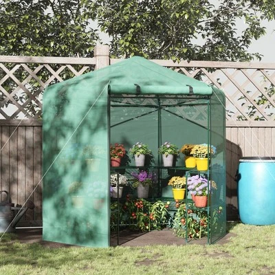 Outsunny Walk-in Greenhouse Outdoor 3 Tier 10 Shelf Warm House Garden Hexagonal Hot House With Roll-Up Zipper Door & Steel Frame 4 Outsunny Walk-in Greenhouse Outdoor 3 Tier 10 Shelf Warm House Garden Hexagonal Hot House With Roll-Up Zipper Door & Steel Frame - Image 2