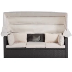 4pc Outdoor Wicker Rectangle Daybed With Canopy & Cushions - Beige - GODEER -Garden Furniture Discounts GUEST 59cd7e55 8ac4 4740 82a9 1fda57840d75