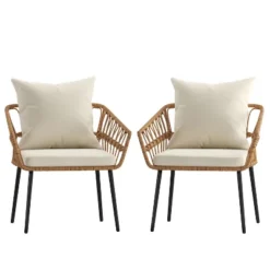 Emma And Oliver Indoor/Outdoor Bohemian Natural Rattan Rope Patio Chairs With Open Weave Design And Removable Plush Cushions -Garden Furniture Discounts GUEST 66145732 2a65 431d 8527 be1c8b0e6110