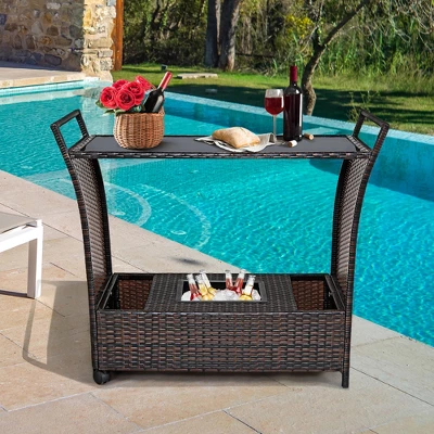Costway Patio Rattan Bar Serving Cart Wheels Ice Bucket Glass Top Handle Garden 4 Costway Patio Rattan Bar Serving Cart Wheels Ice Bucket Glass Top Handle Garden - Image 2