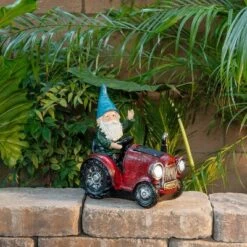 10" Polyresin Tractor Riding Gnome With LED Lights Red - Alpine Corporation