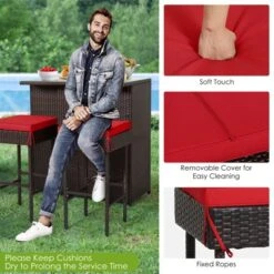 Tangkula 3PCS Patio Wicker Rattan Bar Set Table W/2 Red Cushioned Stools -Garden Furniture Discounts GUEST 6dd57418 8de5 4727 a6ae ed1005d30f9e