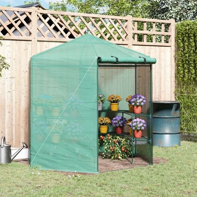 Outsunny Walk-in Greenhouse Outdoor 3 Tier 10 Shelf Warm House Garden Hexagonal Hot House With Roll-Up Zipper Door & Steel Frame 3 Outsunny Walk-in Greenhouse Outdoor 3 Tier 10 Shelf Warm House Garden Hexagonal Hot House With Roll-Up Zipper Door & Steel Frame