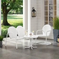Griffith 3pc Outdoor Conversation Set With Loveseat, Arm Chair & Accent Table - White - Crosley