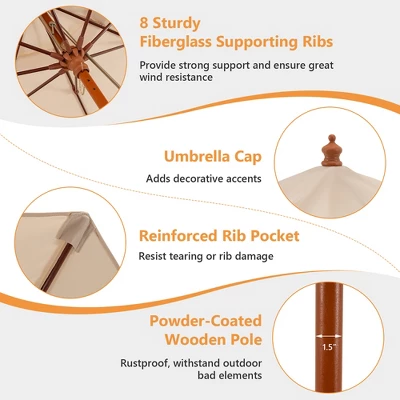 Costway 9.5 FT Patio Rope Pulley Wooden Umbrella Market W/Fiberglass Ribs Outdoor Beige 11 Costway 9.5 FT Patio Rope Pulley Wooden Umbrella Market W/Fiberglass Ribs Outdoor Beige - Image 9