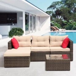5pc Wicker Patio Sectional Seating Set With Shallow Cushions - Brown - GODEER -Garden Furniture Discounts GUEST 7be5e328 e1ef 46f4 8863 bb92692cb4e7