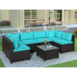 7pc Wicker Outdoor Sectional Seating Set With Cushions - Dark Brown/Blue - GODEER