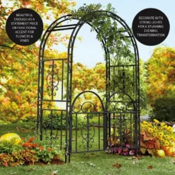 Plow & Hearth - Montebello Decorative Garden Arbor Trellis With Gate & Beautiful Scrollwork Design -Garden Furniture Discounts GUEST 7eb8a18b c00a 4b84 a3c0 b89eca3ad12a