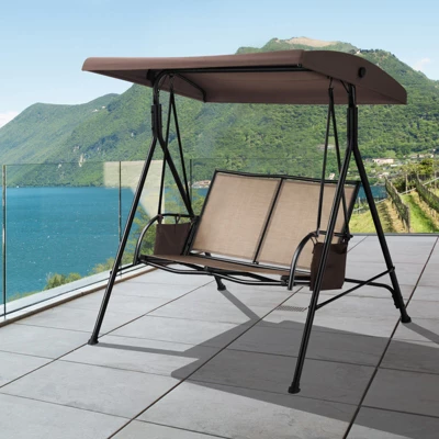 Tangkula 2-Person Patio Swing Seat Outdoor Porch Swing All Weather Hammock W/Canopy & Storage Pockets Brown 3 Tangkula 2-Person Patio Swing Seat Outdoor Porch Swing All Weather Hammock W/Canopy & Storage Pockets Brown