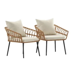 Emma And Oliver Indoor/Outdoor Bohemian Natural Rattan Rope Patio Chairs With Open Weave Design And Removable Plush Cushions -Garden Furniture Discounts GUEST 82b1ce77 837c 4493 9b60 94d525d45141