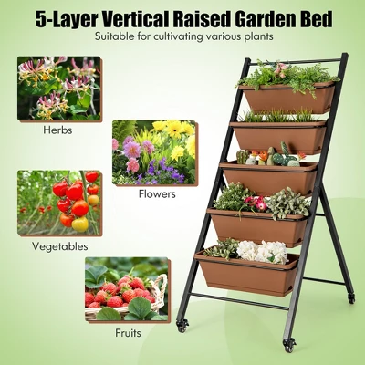 Costway 5-Tier Vertical Raised Garden Bed Elevated Planter With Wheels & Container Boxes Brown 7 Costway 5-Tier Vertical Raised Garden Bed Elevated Planter With Wheels & Container Boxes Brown - Image 5