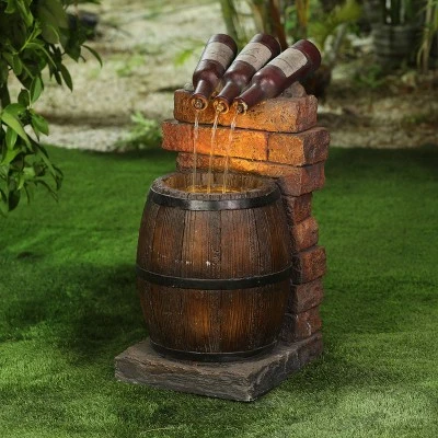 LuxenHome Resin Wine Bottle And Barrel Outdoor Fountain With LED Lights 3 LuxenHome Resin Wine Bottle And Barrel Outdoor Fountain With LED Lights