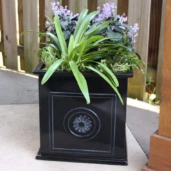 Southern Patio CMX-042426 Colony 16 Inch Square Resin Ceramic Indoor Outdoor Garden Box Planter Pot For Flowers, Herbs, Vegetables, And Plants, Black