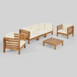 Oana 6pc Acacia Wood Sofa Chat Set Teak/Beige - Christopher Knight Home
