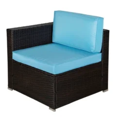 5pc Outdoor Rattan Wicker Conversation Set With Sofas, Chair, Coffee Table & Ottoman - Brown/Blue - GODEER -Garden Furniture Discounts GUEST 8be7c0ed e445 40e7 b9f0 57ca5b80ca94