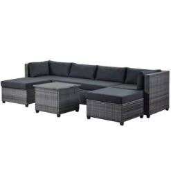 7pc Outdoor Set With Rattan Sofa & Cushions - Gray - GODEER -Garden Furniture Discounts GUEST 8f292334 9743 4a87 8dda 709fc0392641