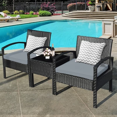 Costway 3PCS Patio Rattan Furniture Set Coffee Table Conversation Sofa Outdoor Cushioned Gray 3 Costway 3PCS Patio Rattan Furniture Set Coffee Table Conversation Sofa Outdoor Cushioned Gray