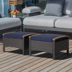 Costway Set Of 2 Patio Rattan Ottoman Footrest Cushions Wooden Handle Off WhiteBrownRedNavy -Garden Furniture Discounts GUEST 95571d5c 7b3e 457b 8426 3317d743bfb2