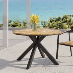 Soto Round Outdoor Acacia Wood Dining Table Teak/Black - Christopher Knight Home -Garden Furniture Discounts GUEST 966f17e5 b97a 41fe 8216 b5772731abd0