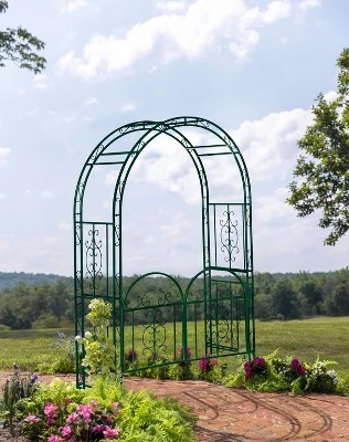Evergreen Montebello Iron Garden Arbor With Gate, Forest Green- 53 X 84 X 23 Inches Fade And Weather Resistant Outdoor Decor 9 Evergreen Montebello Iron Garden Arbor With Gate, Forest Green- 53 X 84 X 23 Inches Fade And Weather Resistant Outdoor Decor - Image 7