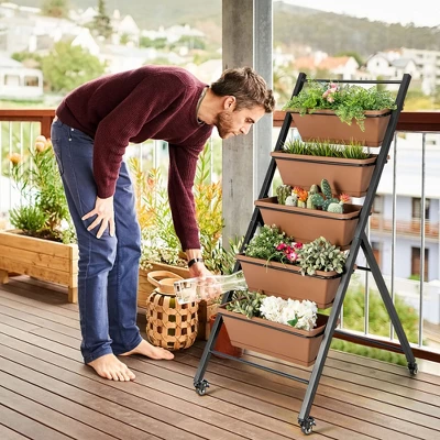 Costway 5-Tier Vertical Raised Garden Bed Elevated Planter With Wheels & Container Boxes Brown 5 Costway 5-Tier Vertical Raised Garden Bed Elevated Planter With Wheels & Container Boxes Brown - Image 3