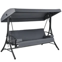 Costway Patio 3-Seat Porch Canopy Swing Converting Grey Cushion Pillow Adjust