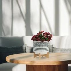 Sagebrook Home 10" Wide Patterned Ceramic Planter Pot With Wood Stand Blue -Garden Furniture Discounts GUEST 9dd0d88f e8d8 48e4 8929 18faad62549a