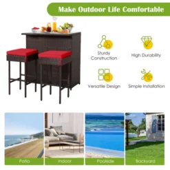 Tangkula 3PCS Patio Wicker Rattan Bar Set Table W/2 Red Cushioned Stools -Garden Furniture Discounts GUEST a02222c0 e377 4ecd be38 c74ef4617700
