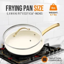 NutriChef 12” Fry Pan With Lid - Large Skillet Nonstick Frying Pan With Golden Titanium Coated Silicone Handle, Ceramic Coating